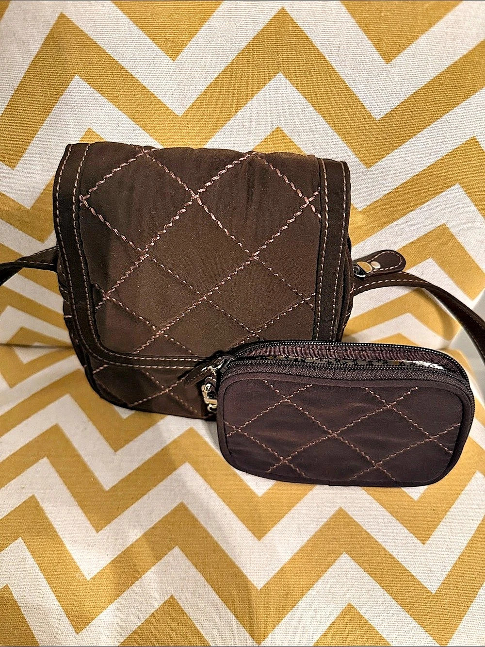 Vera Bradley Small Brown Quilted Crossbody with Matching Zip Pouch.